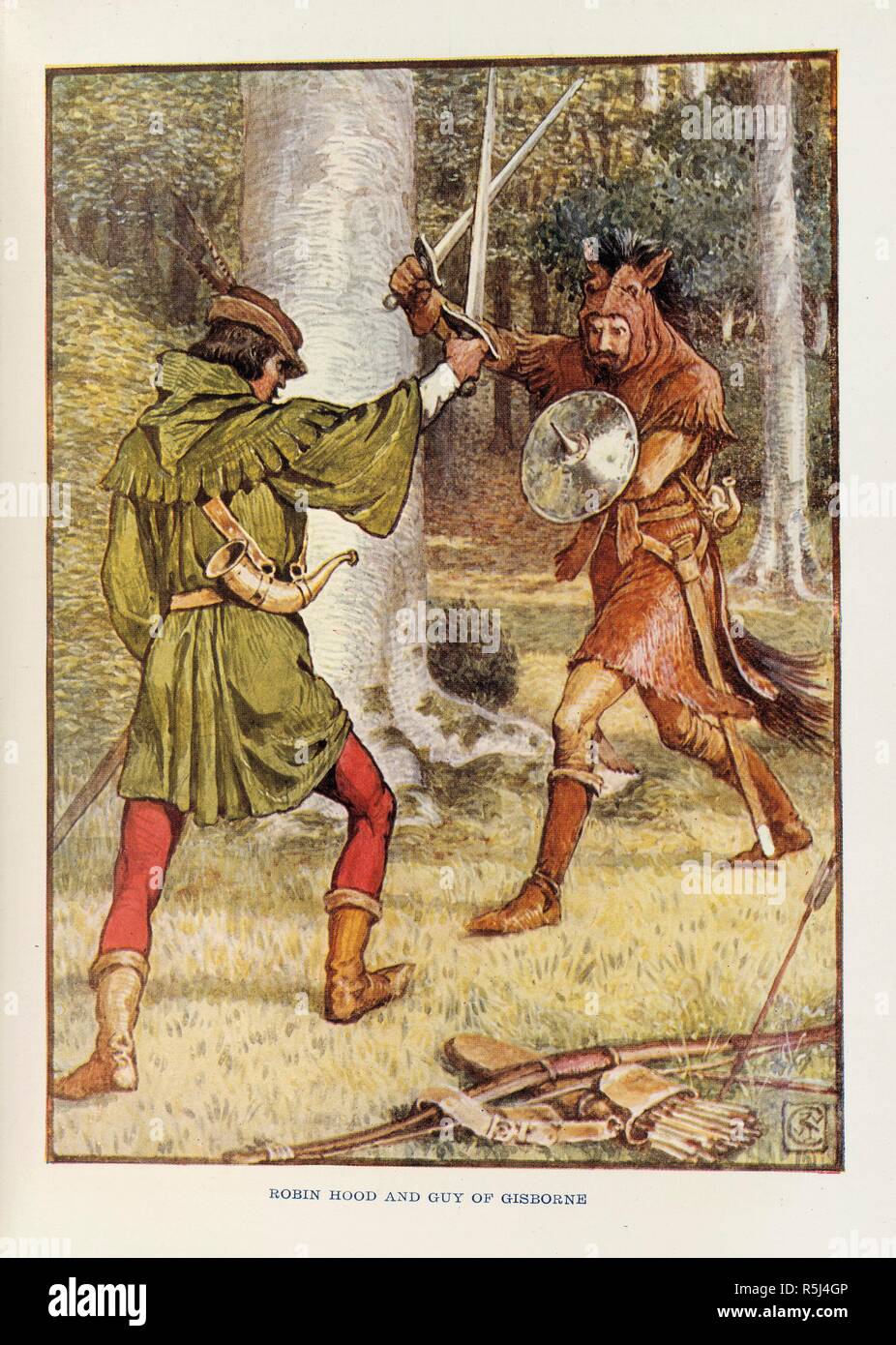 Robin Hood and Guy of Gisborne. Robin Hood and his Merry Men ... With 8 illustrati. 1915. Robin Hood and Guy of Gisborne fighting.  Image taken from Robin Hood and his Merry Men With 8 illustrations in colour by Walter Crane.  Originally published/produced in 1915. . Source: 12827.h.1/3, opposite 148. Language: English. Stock Photo