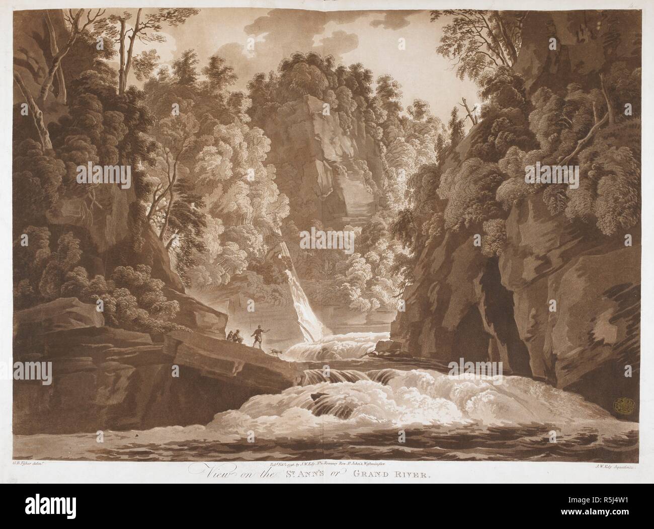 Landscape with figures and a dog on a spit of land at the foot of a steep tree-covered cliff, looking at a turbulent river which zig-zags between the mountains with a waterfall on the left and rapids in the foreground. View on the St ANN'S or GRAND RIVER. [London] : Pubd Feby 1 1796 by J.W. Edy, No 2, Romney Row, St John's, Westminster., [February 1 1796]. Aquatint and etching. Source: Maps K.Top.119.30.d. Language: English. Author: Edy, John William. Stock Photo