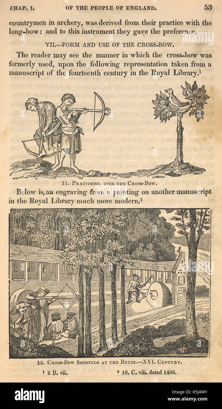 Upper illustration, practising with cross-bow. Lower illustration, cross-bow shooting at the butts. The sports and pastimes of the people of England : including the rural and domestic recreations may games, mummeries, shows, processions, pageants, and pompous spectacles. London : William Reeves, 1830. Source: W67/6670, page 53. Language: English. Author: Strutt, J. Stock Photo