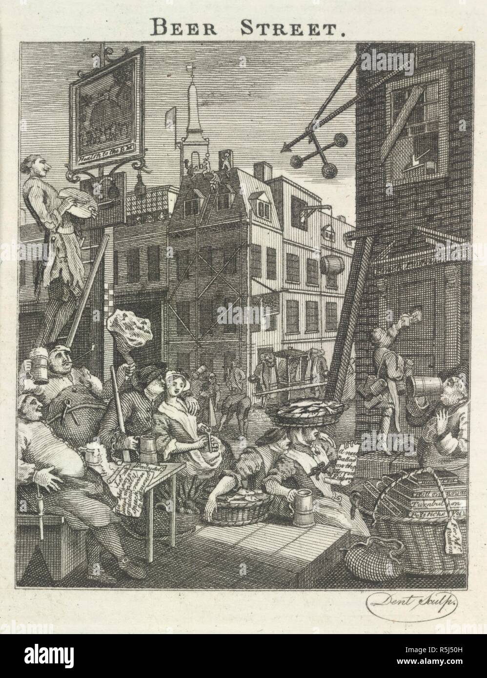 Beer Street. Hogarth Moralized. Being a complete edition of Hog. S. Hooper; Mrs. Hogarth: London, 1768. People drinking outside a public house in London.  Image taken from Hogarth Moralized. Being a complete edition of Hogarth's works containing near fourscore copper-plates with an explanation and a comment on their moral tendency [by John Trusler], etc.  Originally published/produced in S. Hooper; Mrs. Hogarth: London, 1768. . Source: G.2585, 146. Language: English. Author: HOGARTH, WILLIAM. DENT. Stock Photo