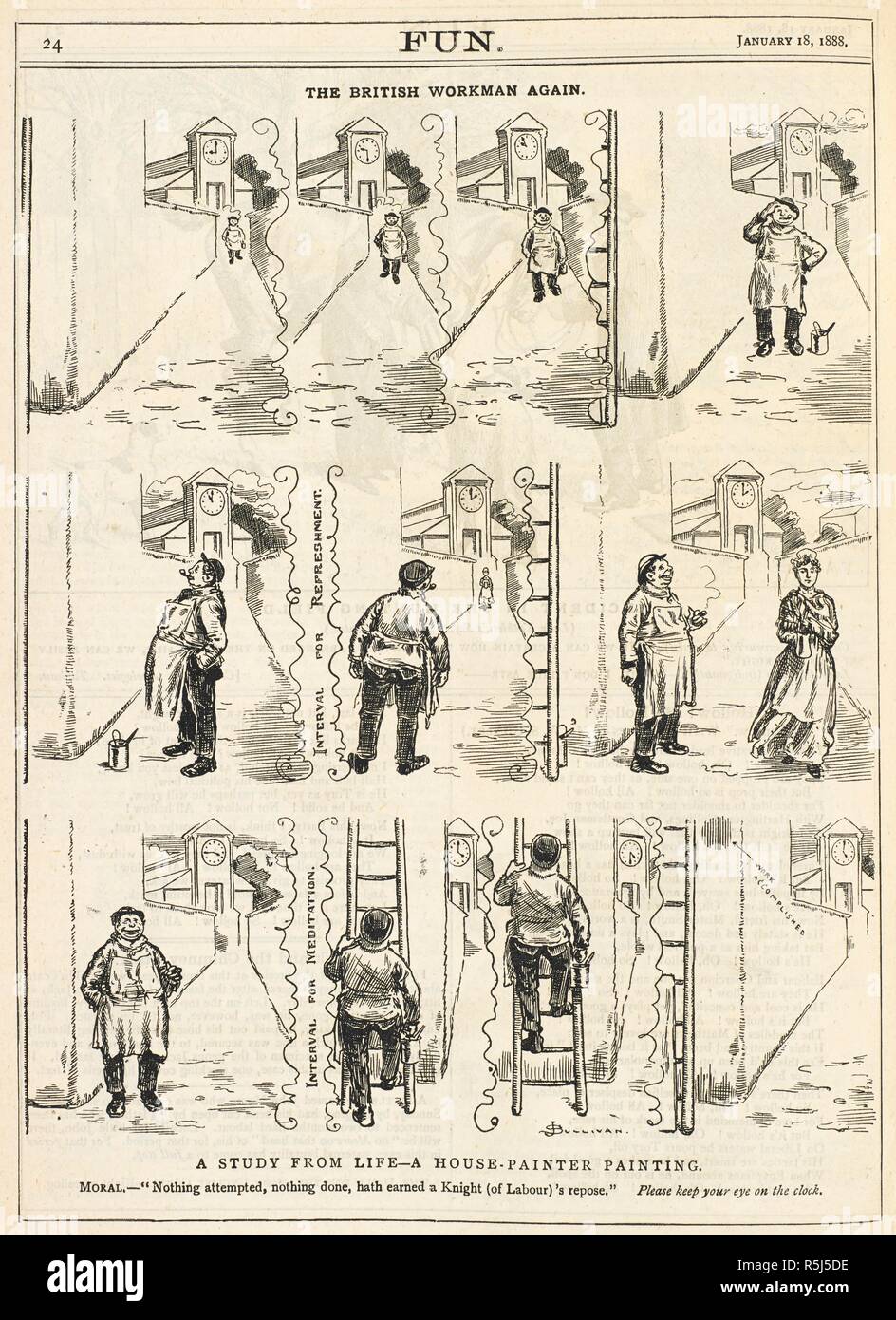 The British workman again.' 'A study from Life-A house-painter painting.' In his 'study from life' in silent pictures, Sullivan shows the hours passing as a house painter takes all day finally to paint a tiny patch on the wall. Sullivan's series in 'Fun' demonstrated the public's distrust of labourers and tradesmen in their employment.  . London, January 1888. Source: P.P.5273.c page 24. Author: Sullivan, James Frank. Stock Photo