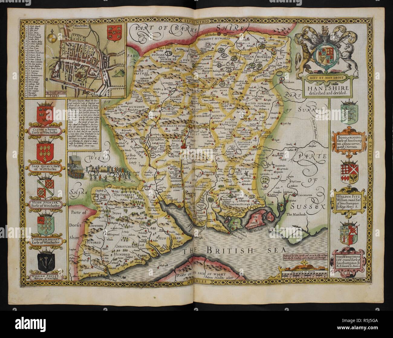 Hantshire (Hampshire), described and divided. Performed by John Speed. 1611. Inset plan of Winchester. . The Theatre of the Empire of Great Britain. London : John Sudbury & George Humble, 1611. Source: Maps C.7.c.20.(2.), f.13. Stock Photo