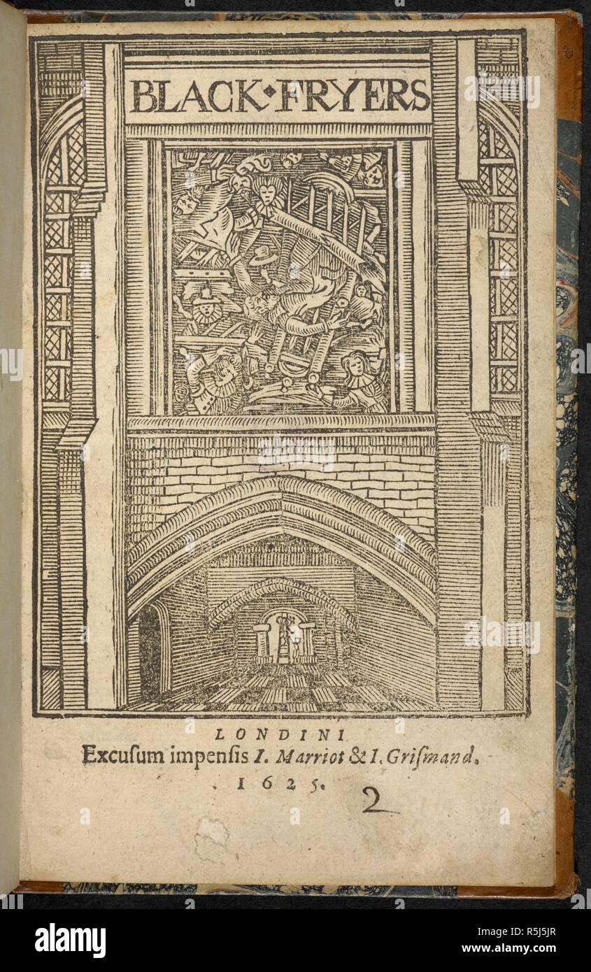 The title forms part of a wood-cut. Depicts the collapse of part of the former monastry complex in 1623; nearly 100 people who had gathered to hear a sermon were killed. This is the best depiction of part of the Blackfriars precinct. Black Fryers. (Elegia de admiranda clade centum Papistarum tempore concionis vespertinÃ¦ habitÃ¦ Londini. Anno 1623.). Londini : I. Marriot & I. Grismand, 1625. Source: C.123.d.1 Title page. Author: Hord, Richard. Stock Photo