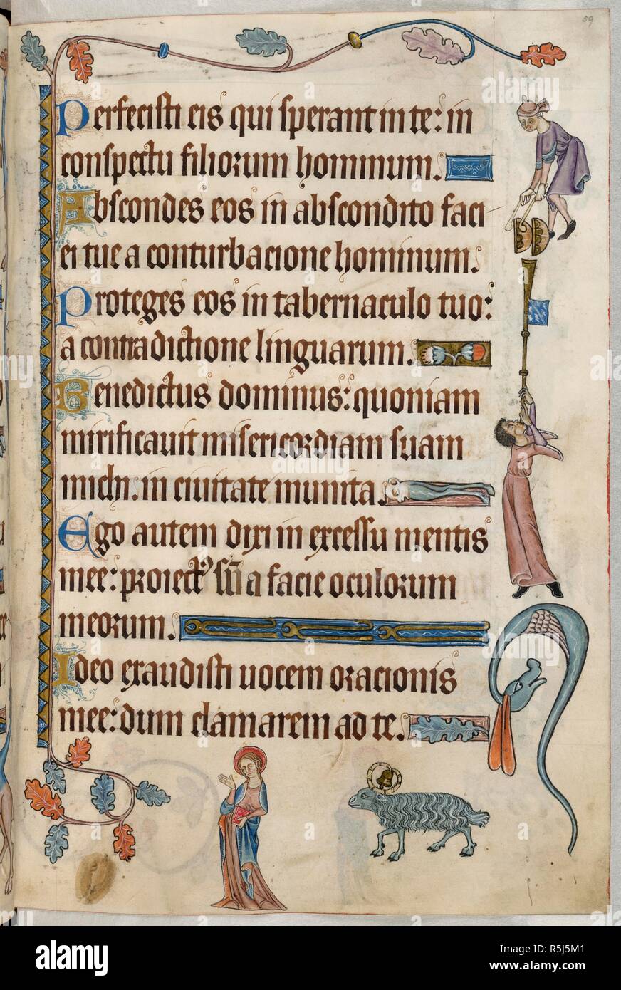 Psalm 30; man playing kettledrums. Luttrell Psalter. England [East Anglia]; circa 1325-1335. [Whole folio] Psalm 30. Border decoration including a grotesque dragon with drooping ears, and two muscians. One plays two kettledrums [pair of nakers], and the other blows a long trumpet bearing a pennant decorated with the Luttrell martlets. In the lower margin a nimbed female saint holds a book, and is followed by a blue ram with a bell suspended between its horns  Image taken from Luttrell Psalter.  Originally published/produced in England [East Anglia]; circa 1325-1335. . Source: Add. 42130, f.59. Stock Photo