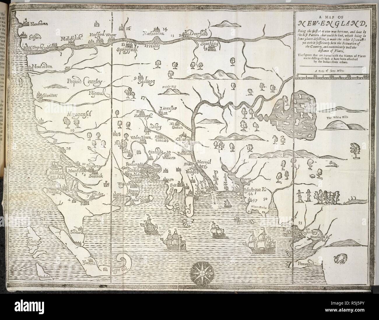 New England. A Map of New England, being the first that ever wa. Boston, 1677. A map of New England.  Image taken from A Map of New England, being the first that ever was here cut A scale of forty miles[ = 71 mm]..  Originally published/produced in Boston, 1677. . Source: G.7146,. Language: English. Stock Photo