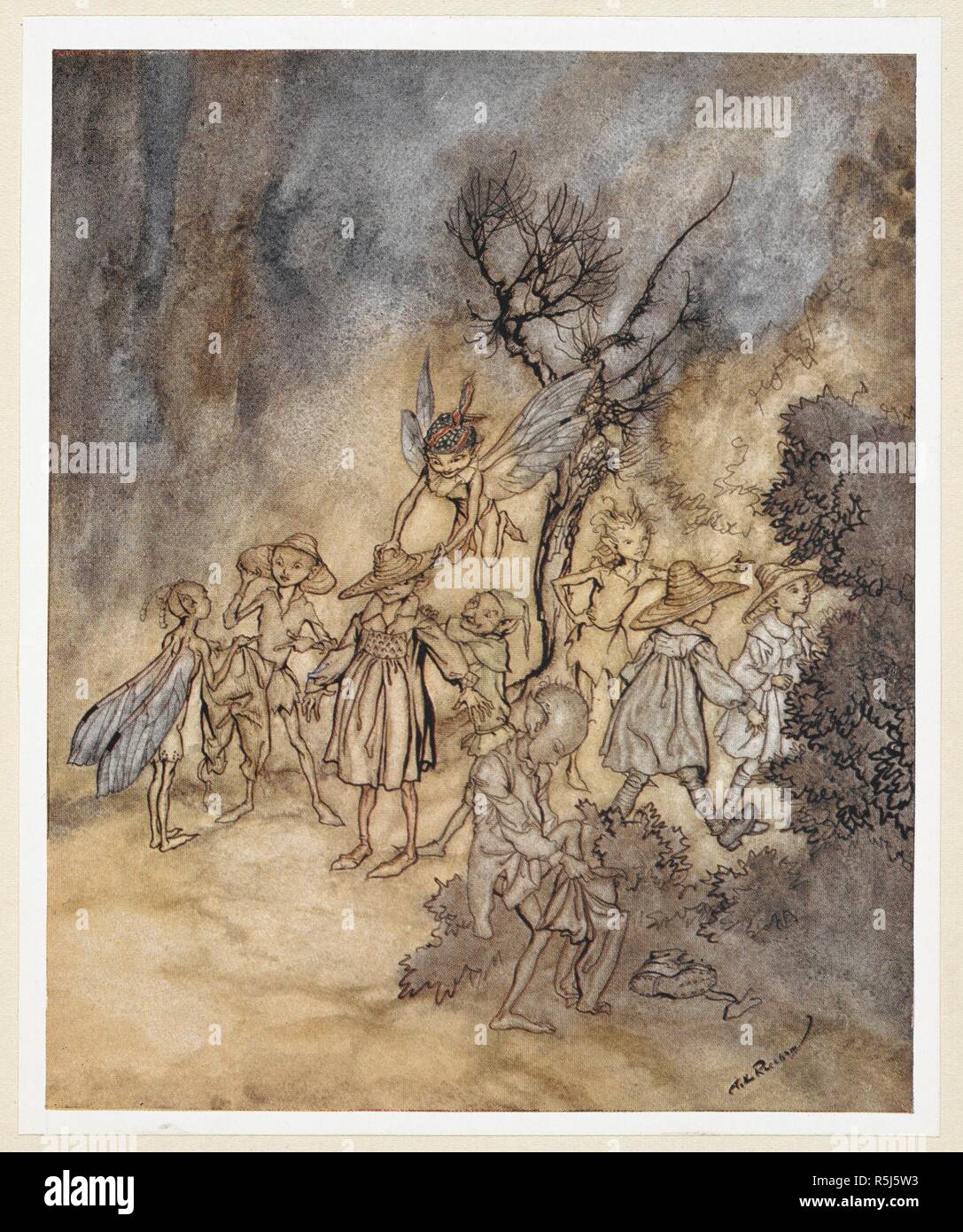 ACT IV: Scene I, line 138 Enter certain Reapers, properly habited. Juno and Ceres send Iris to fetch some nymphs and reapers to perform a country dance. . The Tempest ... Illustrated by Arthur Rackham. London : William Heinemann ; New York : Doubleday, Page & Co., 1926. Source: 11766.dd.3 plate 17. Stock Photo