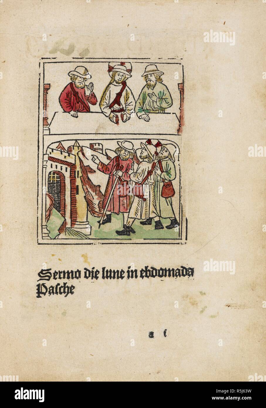 'Jesus Christ walked with mankind'. Title page of 'Sermo die lune in ebdomad Pasche' . Sermo die lune in ebdomad Pasche [on Luke xxiv., 15]. Eng. B.L. Westmestre : Wynkyn de Word, [1495?]. Source: IA.55253, title page, sig. [A1]. Stock Photo