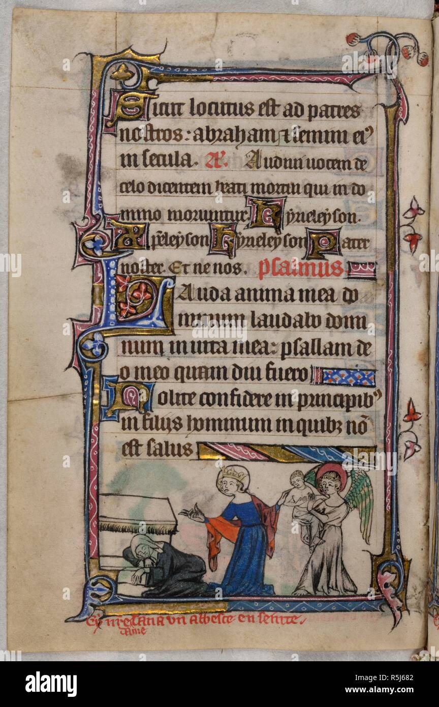 Bas-de-page scene of the Abbess Delivered, of an abbess asleep before an altar, while the Virgin Mary takes the abbess's child and gives it to an angel, with a caption reading, 'Cy n[ost]re dame sana un abbesce enseinte'. Book of Hours, Use of Sarum ('The Taymouth Hours'). 2nd quarter of the 14th century. Source: Yates Thompson 13 , f.156v. Language: Latin and French. Stock Photo