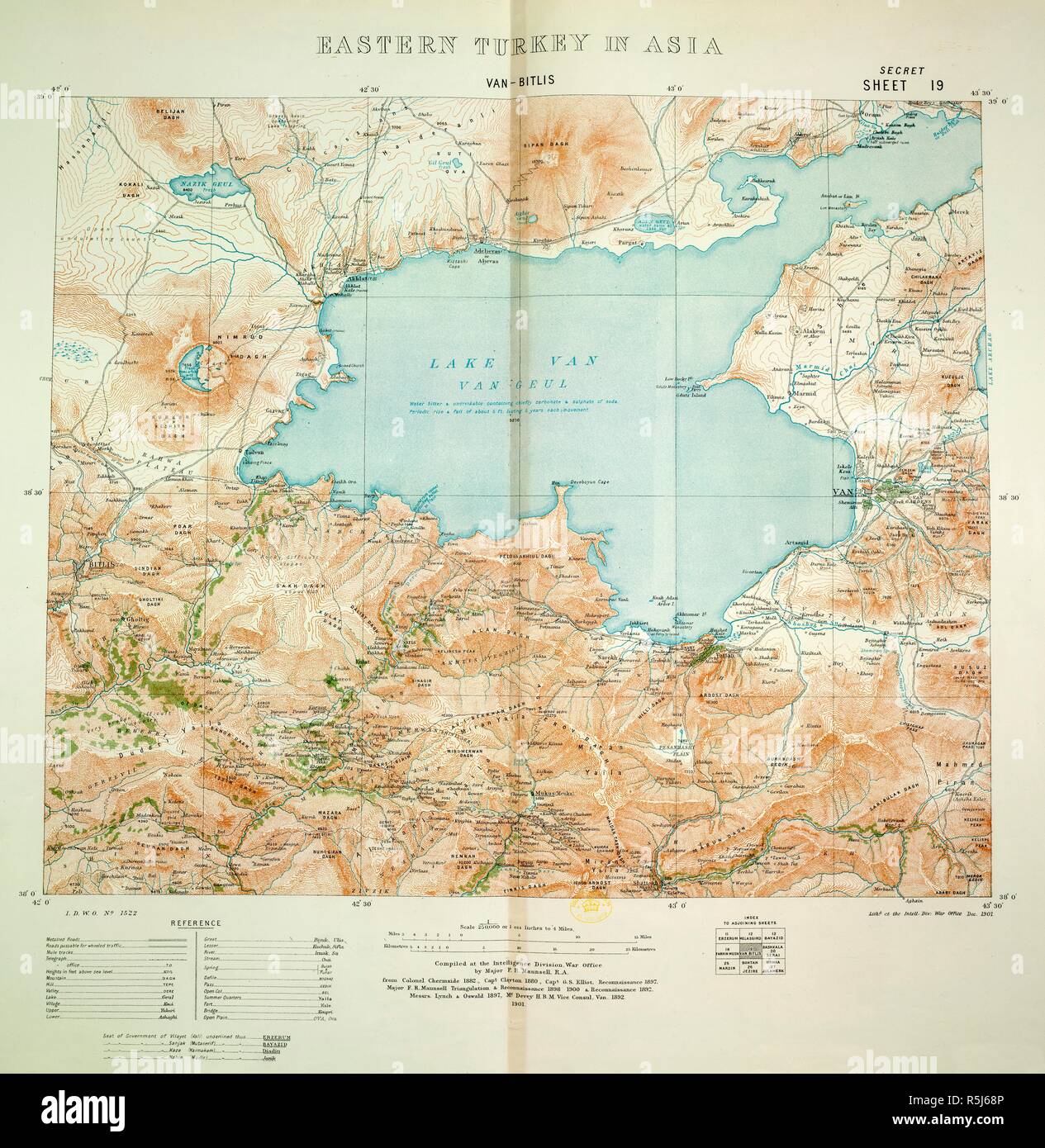 Van Bitlis. Eastern Turkey in Asia. Scale, 1 : 250,000, or 1.0. London : Geographical Section, General Staff, 1901. Source: Maps.152.d.2, sheet 19. Stock Photo