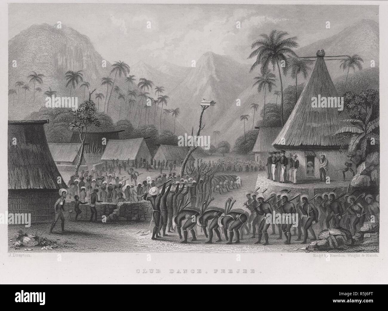 Club dance, Feejee. Narrative of the United States Exploring Expeditio. 1844. A club dance in Fiji.  Image taken from Narrative of the United States Exploring Expedition 1838-1842.  Originally published/produced in 1844. . Source: 10001.d volume 3, opposite 158. Language: English. Author: WILKES, CHARLES. Wright. Rawdon. Drayton, J. HATCH. Stock Photo