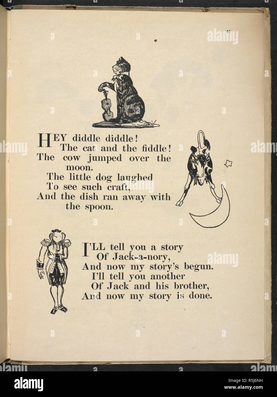 Hey diddle diddle! The cat and the fiddle! ...' 'Ill tell you a story of Jack-a-nory, ...'. Nursery Rhymes, with pictures by C. L. Fraser. London : T. C. & E. C. Jack, [1919]. Source: 12800.ddd.31 page 45. Author: Fraser, Claud Lovat. Stock Photo