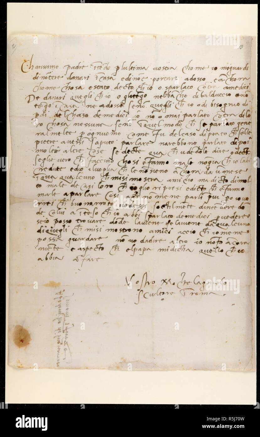Letter of Michelangelo. Autograph Letters from Michelangelo Buonarroti to.  Italy [Rome]; 1512. [Whole folio] Autograph letter of Michelangelo to his  father Ludovico, in Florence, defending hmself for having spoken ill of the