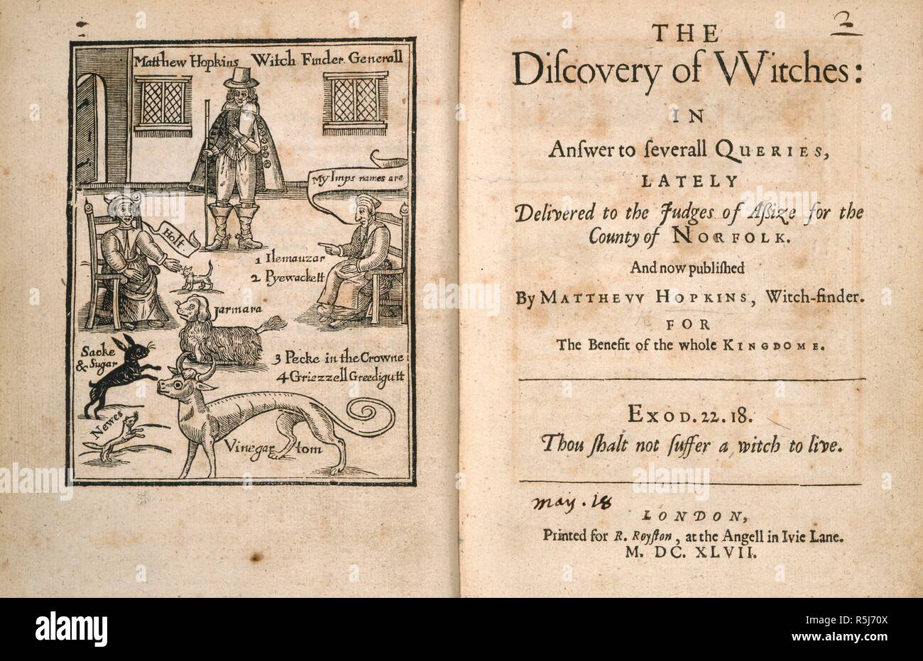 Matthew Hopkins (d.1647). English 'witchfinder-general'. Matthew Hopkins interrogating several witches, with their familiars. The discovery of witches: in answer to severall Queries, lately delivered to the Judges of Assize for the County of Norfolk. And now published by Matthew Hopkins Witch-finder, for the benefit of the whole kingdome. For R. Royston: London, 1647. Source: E.388.(2), title page and frontispiece. Language: English. Stock Photo