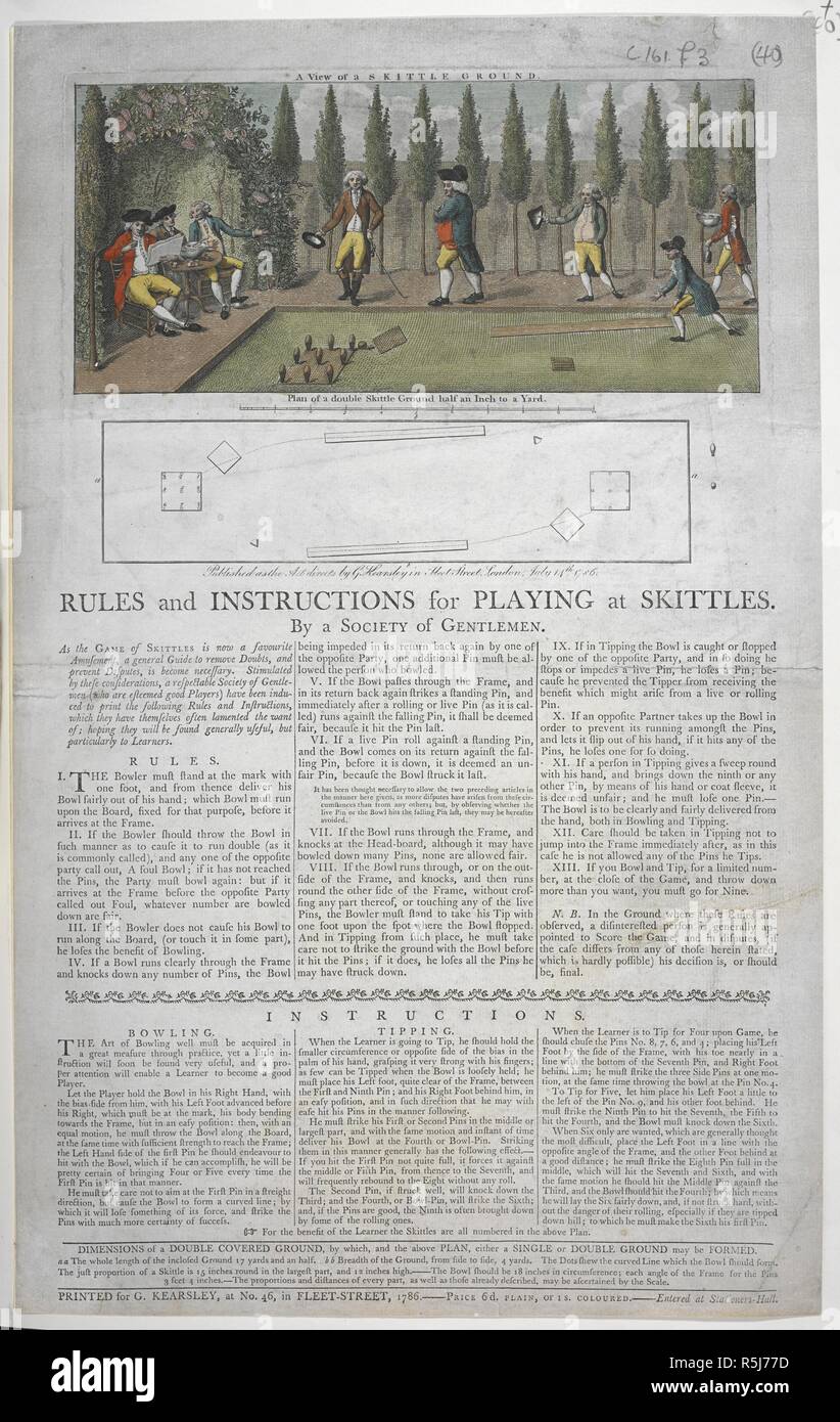 A view of a skittle ground; a plan of a double skittle ground; rules