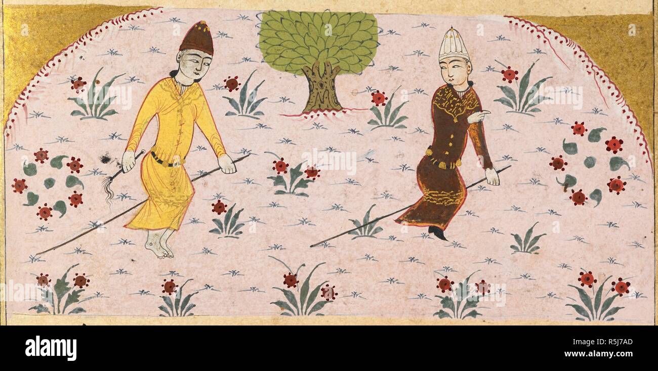 â€˜Kurishtâ€™ (a childâ€™s game of tipcat in which short and long sticks are used). Two children playing as if on hobby-horses. Miftah al-Fuzala by Muhammad ibn Da'ud ibn Muhammad ibn Mahmud Shadiyabadi, a glossary of rare words and proper names occurring in ancient Persian poetry. Mandu (Shadiabad), 1470 - 1500. Opaque watercolour. Style: Sultanate style Topics:. Source: Or.3299, folio 220v detail. Author: SHADIYABADI, MUHAMMAD IBN DA'UD. ANON. Stock Photo