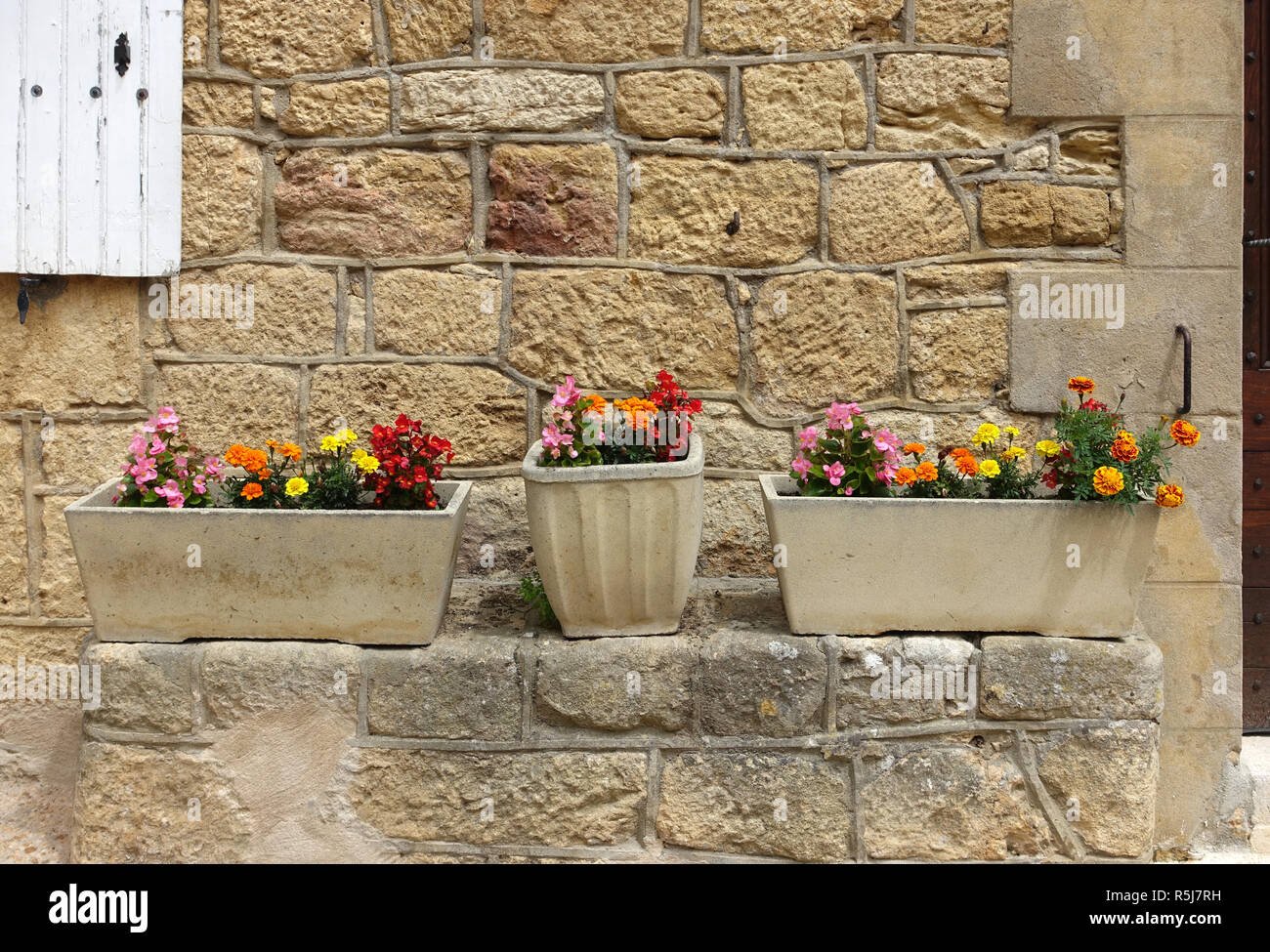 Planters with colourful flowers on a stone wall Stock Photo Alamy