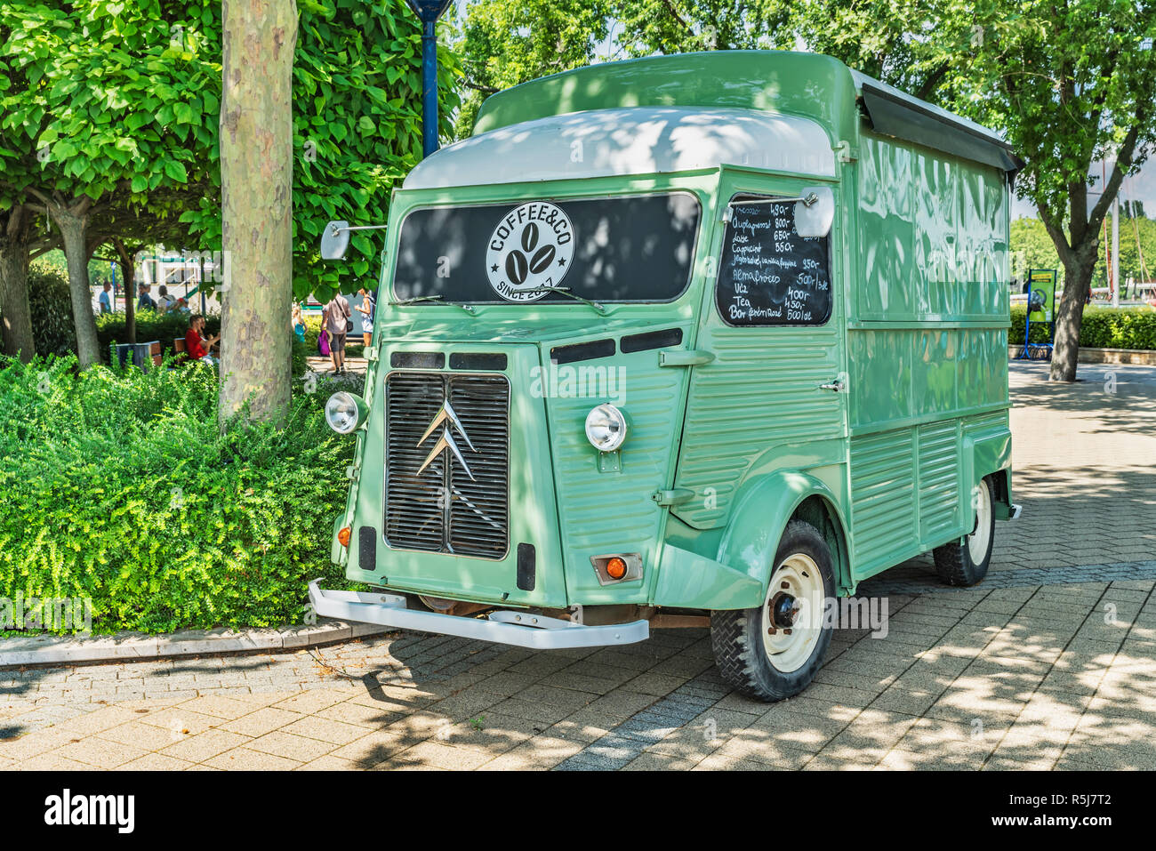 Green delivery vehicle Citroen Type H from around 1960 was converted into a food truck, Balatonfuered, Veszprem county, central Transdanubia, Hungary Stock Photo
