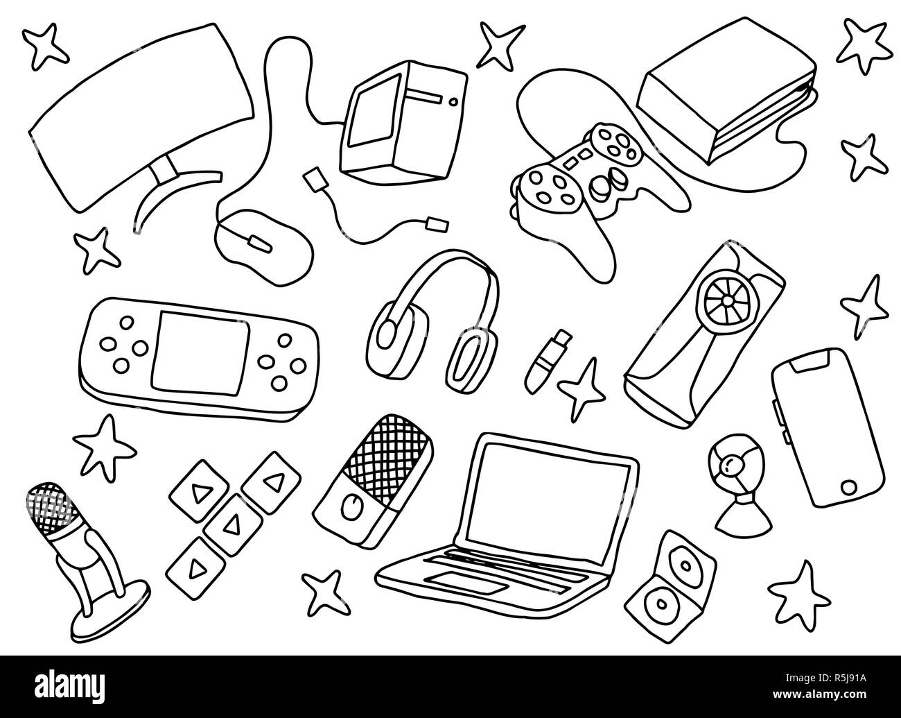 doodle games game art with gaming tools hardware and black and white color  vector illustration Stock Photo - Alamy