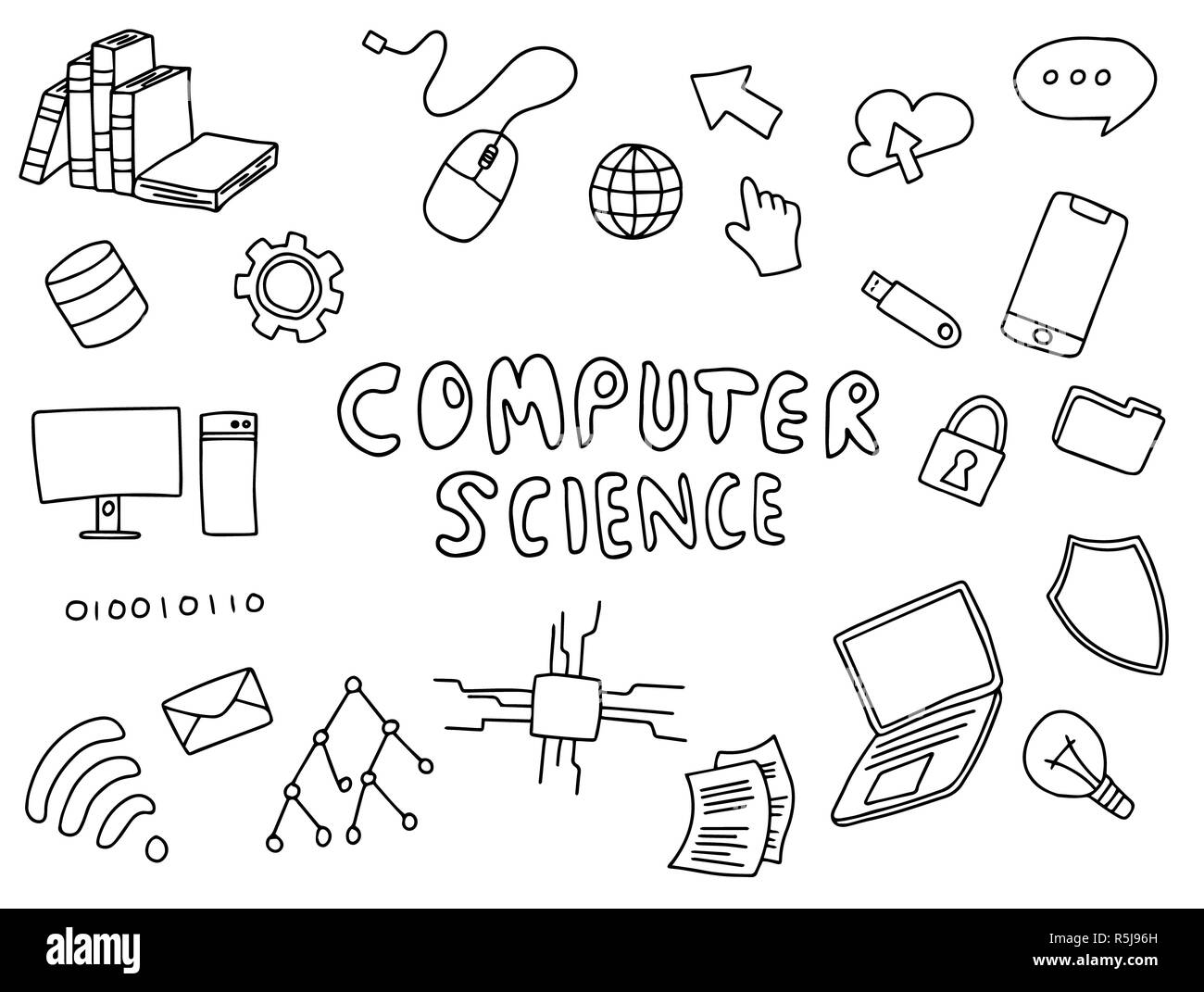 computer science engineering education doodle art with black and white color outline vector illustration Stock Photo