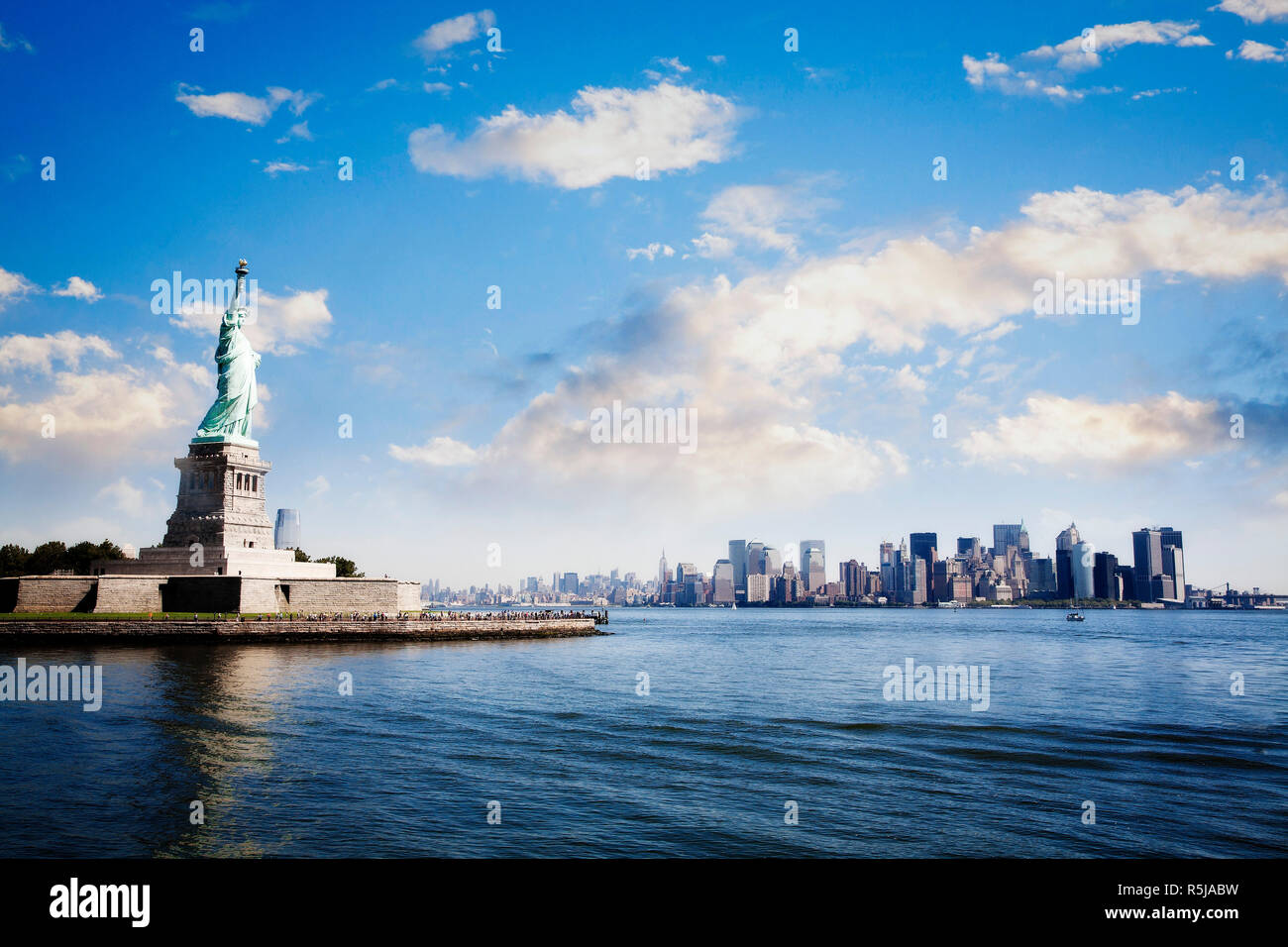 Liberty Island and the Statue of Liberty with lower Manhattan, New York ...