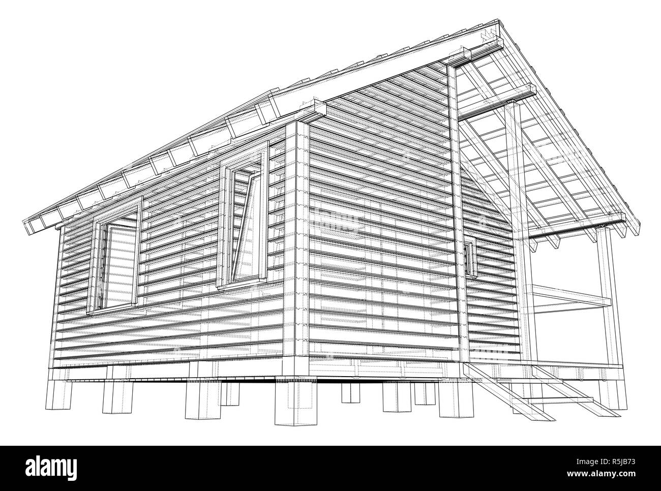 Sketch Of Small House Wire Frame Style 3d Illustration