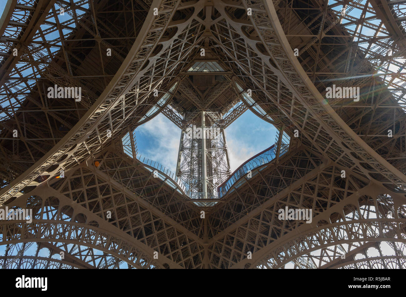 The Eiffel Tower, (looking upwards), is a wrought-iron lattice tower on the Champ de Mars in Paris, France. Stock Photo