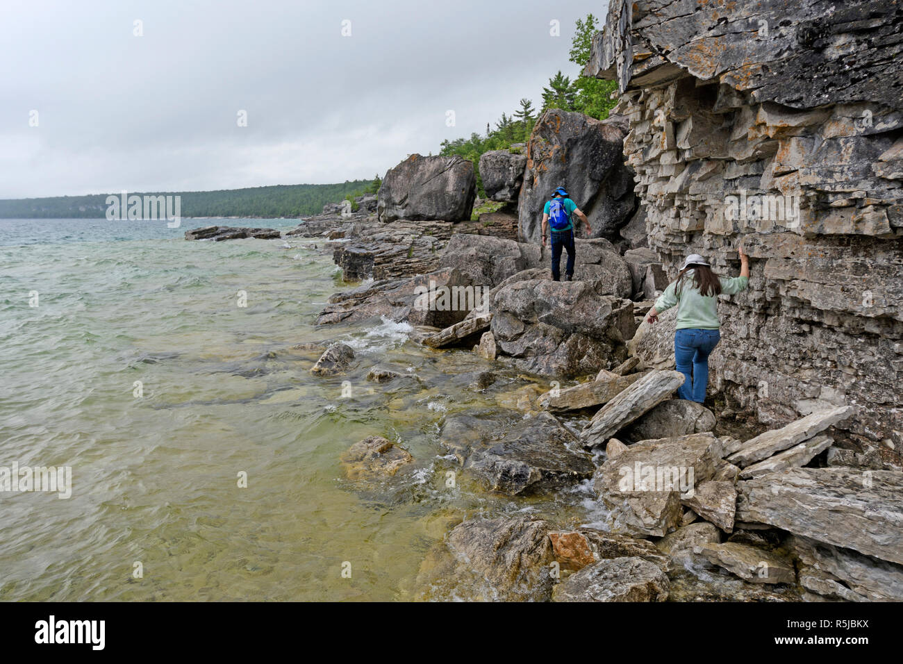 Hiking Along a Rocky Lakeshore on Bay on Lake Huron in Bruece