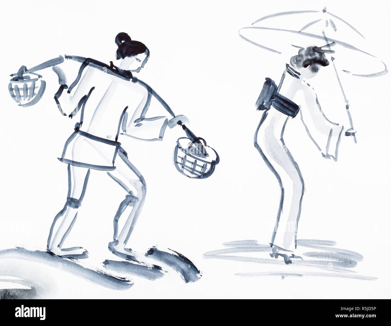 peasant with yoke and japanese woman with umbrella Stock Photo Alamy