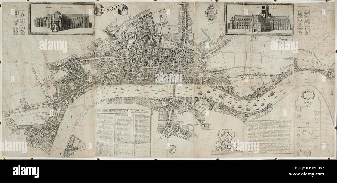 A map of London showing the location of churches. An engraving the churches named St. Peters and St. Pauls. The armes of the right worshipful companies of the honorable cyty of London. The severall chvrches (churches) within the walles (walls) of London ... The churches in the suburbs and Westminster distinguished. undated. Source: Maps.Roll.17.a.3. Stock Photo