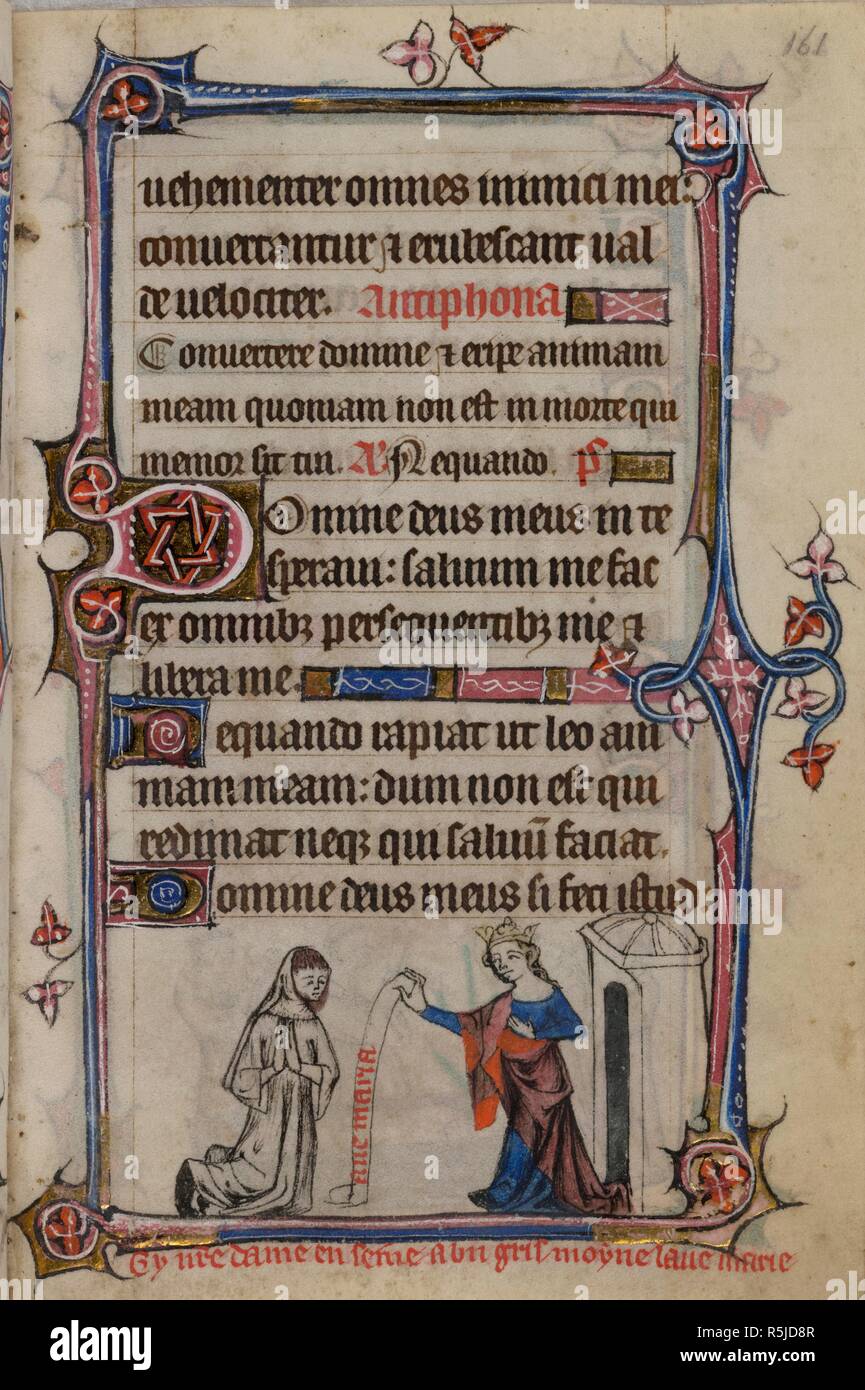 Bas-de-page scene of the Monk Who Knew Only the Ave Maria, with the monk in a white Cistercian habit, kneeling in prayer before the Virgin Mary, who hands him a scroll with the words of the Ave Maria, with a caption reading, â€˜Cy n[ost]re dame enseine a un gris moyne lave marieâ€™ . Book of Hours, Use of Sarum ('The Taymouth Hours'). England, S. E.? (London?); 2nd quarter of the 14th century. Source: Yates Thompson 13, f.161. Language: Latin and French. Stock Photo