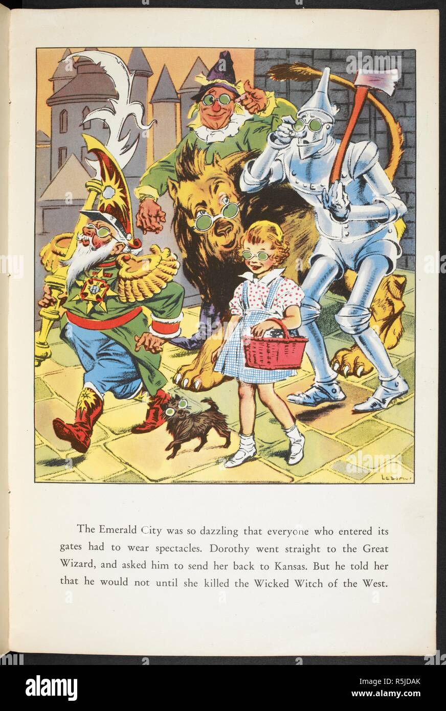 'The emerald city was so dazzling that everyone who entered its gates had to wear spectacles'. Dorothy and her companions. The Wizard of Oz picture book. London : Hutchinson, [1940]. Source: LB.31.c.9373 page 4. Author: BAUM, LYMAN FRANK. Leason, Percy Alexander. Stock Photo