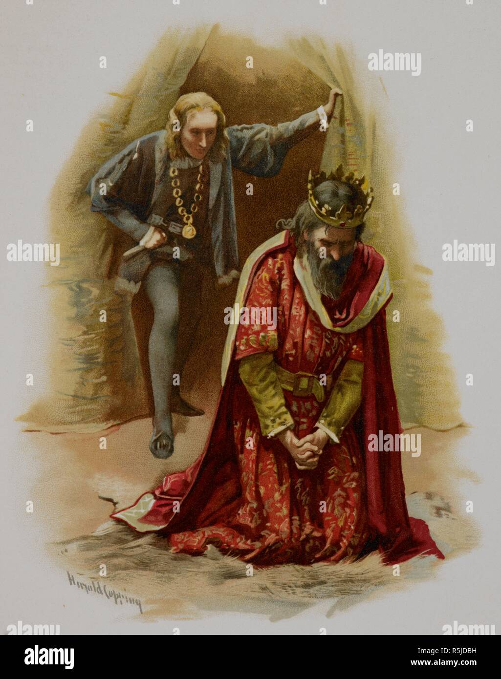 Hamlet considers killing the King, Claudius, who is kneeling, in prayer. Act III, scene IV, from 'Hamlet'. Hamlet. Tuck & Sons: London, 1897. colour illustration. Source: 11764.m.9, opposite 44. Language: English. Author: SHAKESPEARE, WILLIAM. Copping, Harold. Stock Photo