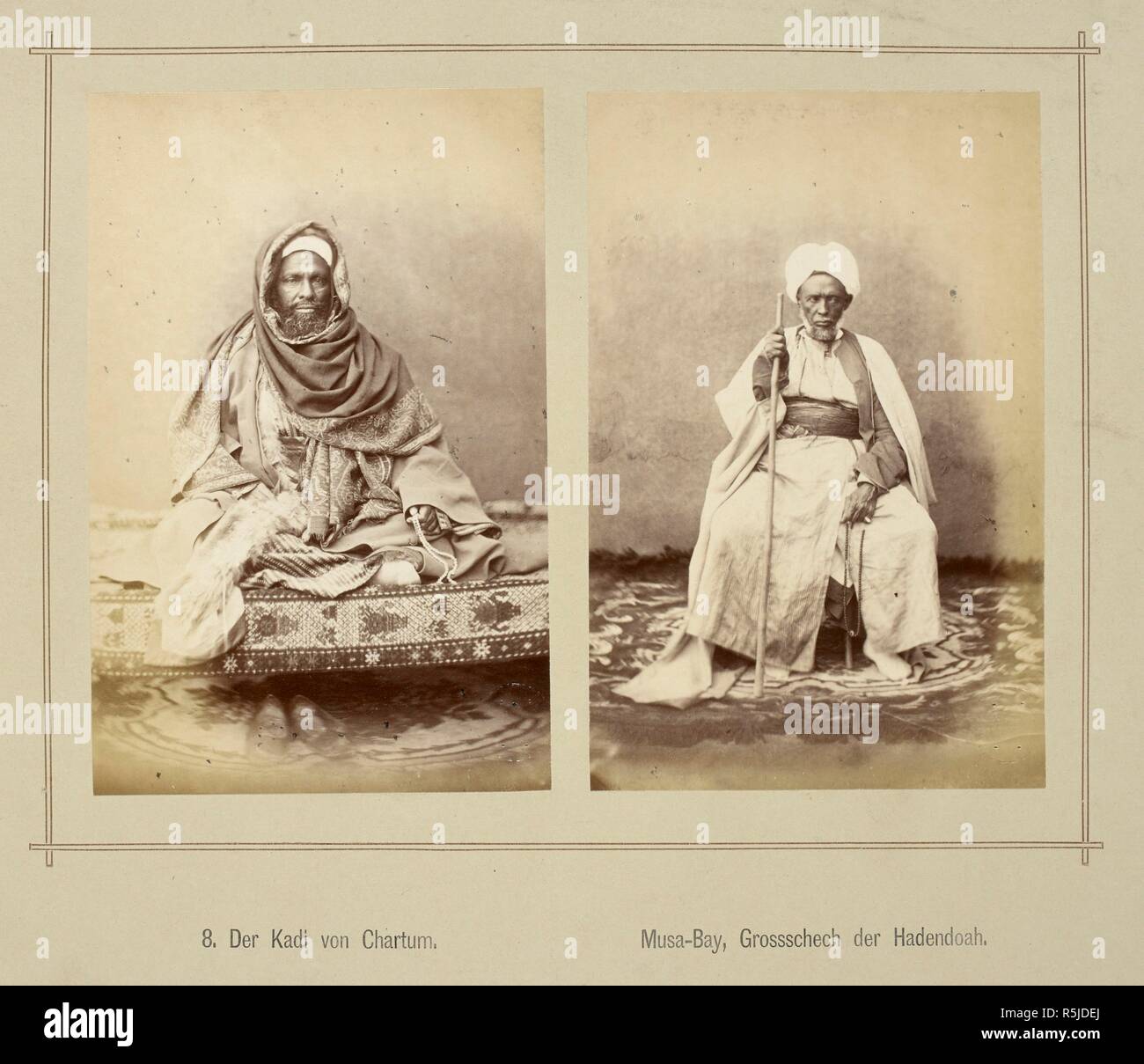 Der Kadi von Chartum. Musa-Bay, Grosschech der Hadendoah. The Kadi of Khartoum. Musa-Bay. Hadendoa is the name of a nomadic subdivision of the Beja people. Die oberen Nil-LaÌˆnder. Volkstypen und Landschaften. Dargestellt in 160 Photographien. Nach der Natur aufgenommen von R. Buchta. Mit einer Einleitung von Dr. Robert Hartmann. Berlin, 1881. Source: 1789.a.13 plate 8. Language: German. Author: Buchta, Richard. Stock Photo