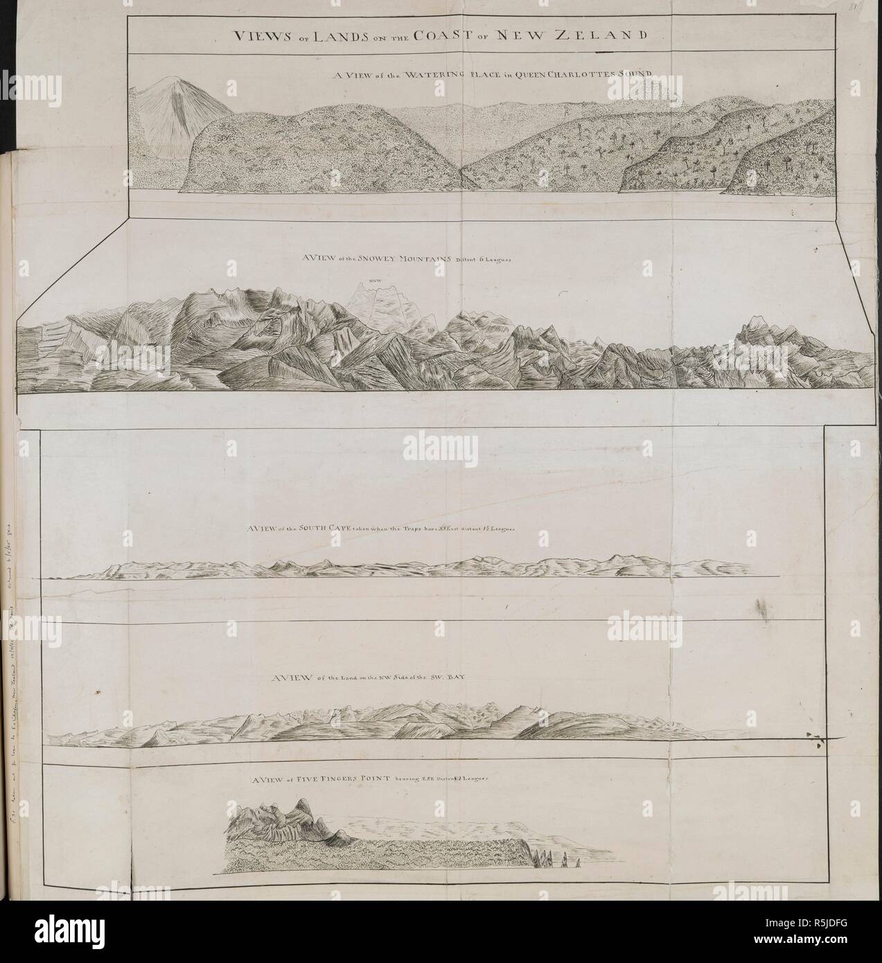 Various views of headlands on the coasts of New Zealand; drawn by Lieut. James Cook, in his first voyage. Charts, Plans, Views, and Drawings taken on board the Endeavour during Captain Cook's First Voyage, 1768-1771. ca. 1769-1770. Source: Add. 7085, No.31. Stock Photo