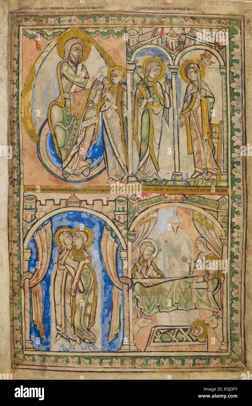 [Lower RH scene] The Nativity. The Virgin lies on a bed, at the foot sits Joseph. At the head of the bed is the midwife. Beside the bed, Christ in the manger, with animals. Winchester Psalter [Psalter of Henry of Blois; Psalter of St. Swithun]. Winchester [Priory of St Swithun or Hyde Abbey]; between 1121 and 1161. Source: Cotton Nero C. IV, f.10. Language: Latin and French. Stock Photo
