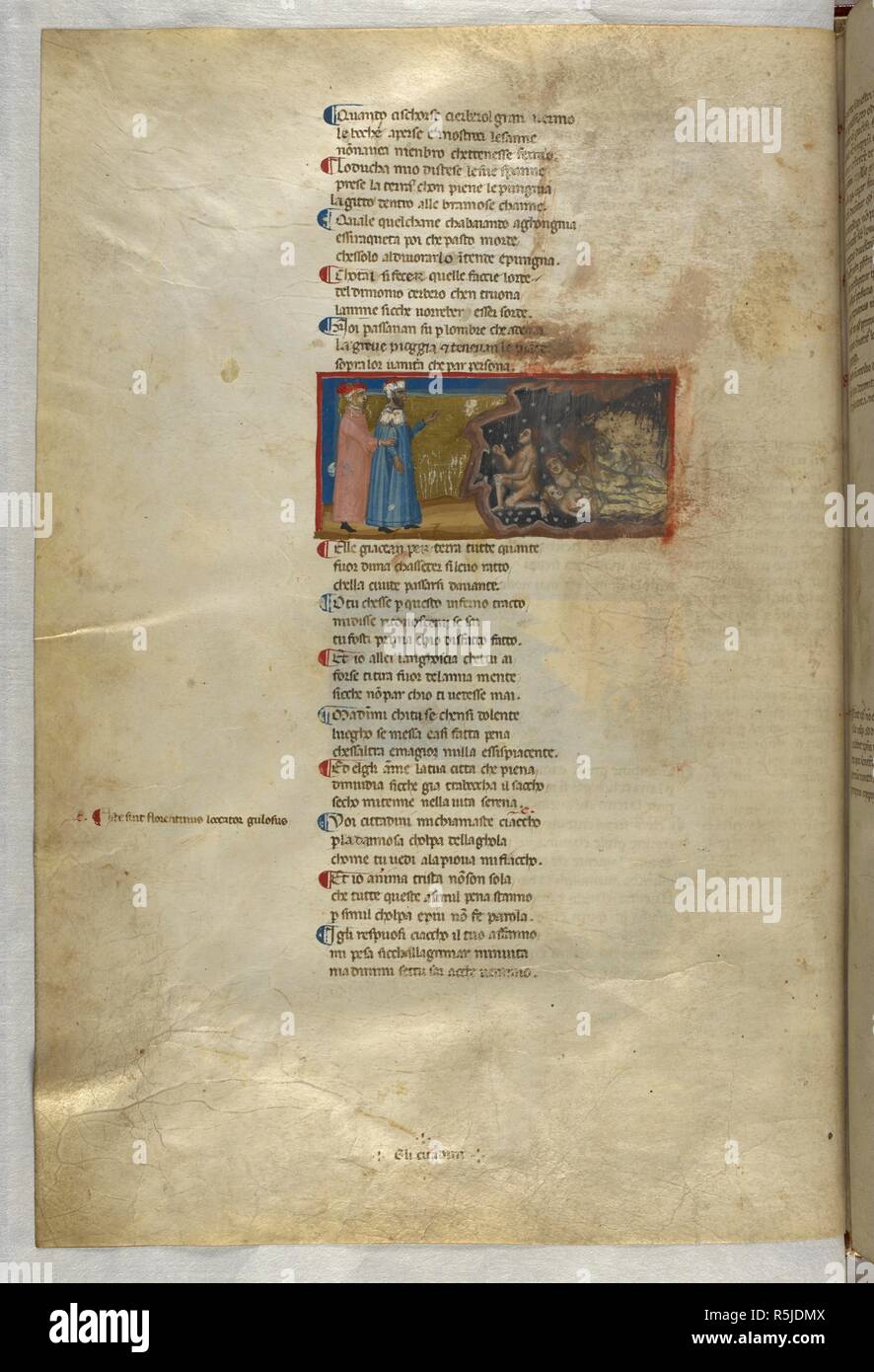 Inferno: Dante and Virgil meeting Ciacco, who prophesies in the rain. Dante Alighieri, Divina Commedia ( The Divine Comedy ), with a commentary in Latin. 1st half of the 14th century. Source: Egerton 943, f.12v. Language: Italian, Latin. Stock Photo