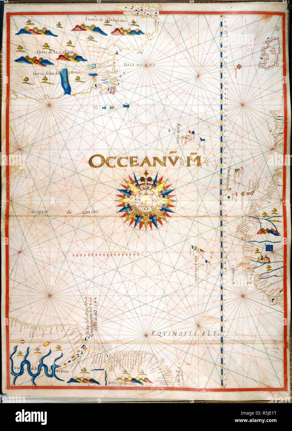 Chart of the Atlantic Ocean. Portolano. Spain; before 1600. [Whole chart] Chart of the Atlantic Ocean, with Ireland, Portugal, and part of the west coast of Africa, including the Azores, Madeira, Canary Islands, and Cape Verde Islands. The western Atlantic is bound by the east coast of North America including Labrador, and the north-east coast of South America, with the Amazon River  Image taken from Portolano.  Originally published/produced in Spain; before 1600. . Source: Add. 9814, No. 9. Language: Spanish. Stock Photo