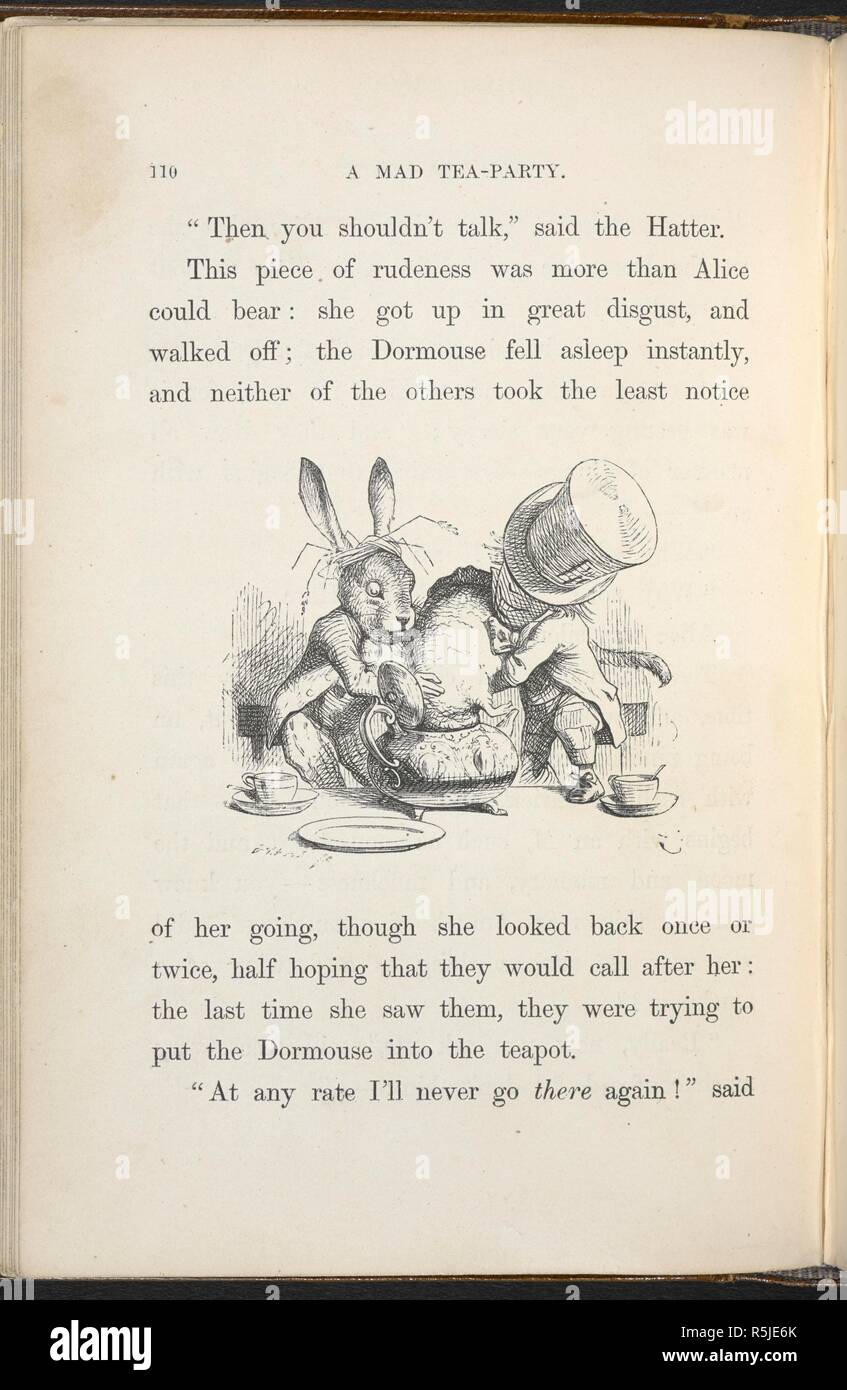 The Mad Hatter and March hare trying to put the Dormouse into a teapot. Alice's Adventures in Wonderland. With forty-two illustrations by John Tenniel. London : Macmillan & Co., 1866 [1865]. Source: C.59.g.11 page 110. Stock Photo