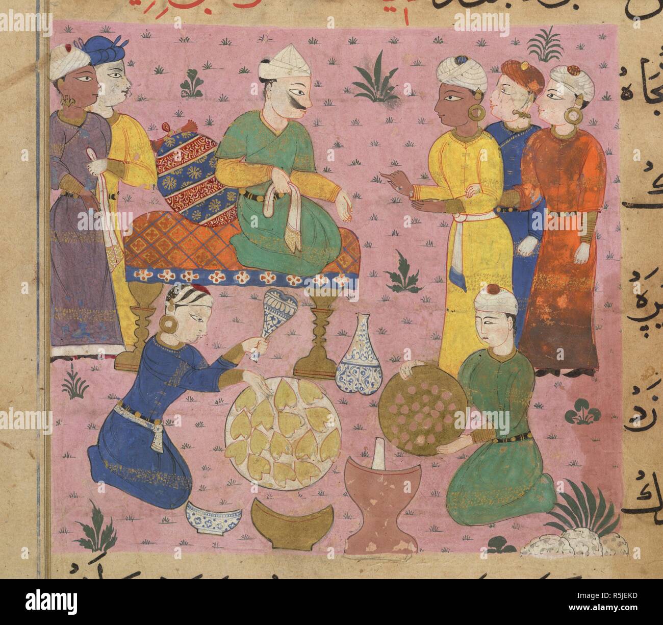 Preparation of betel chews. The Ni'matnama-i Nasir al-Din Shah. A manuscript o. 1495 - 1505. Preparation of betel chews for the Sultan Ghiyath al-Din. Opaque watercolour. Sultanate style.  Image taken from The Ni'matnama-i Nasir al-Din Shah. A manuscript on Indian cookery and the preparation of sweetmeats, spices etc.  Originally published/produced in 1495 - 1505. . Source: I.O. ISLAMIC 149, f.94. Language: Persian. Stock Photo
