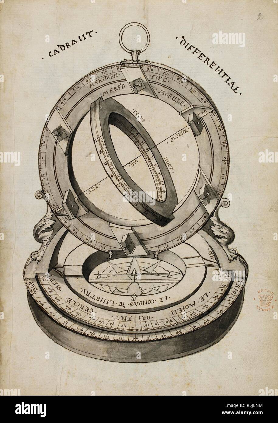 An illustration of a navigational aid. . Traicte des differences du compas aymante, et de certains poinctz notables dicelluy concernantz le faict des nauigations jusques a present incognus, tresutille et necessaire a tous pillottes et mariniers. Compost par Jan Rotz, natif de Dieppe, en lan 1542' ... France 1542. Source: Royal 20 B. VII f.2. Language: French. Author: Rotz, Jean. Stock Photo