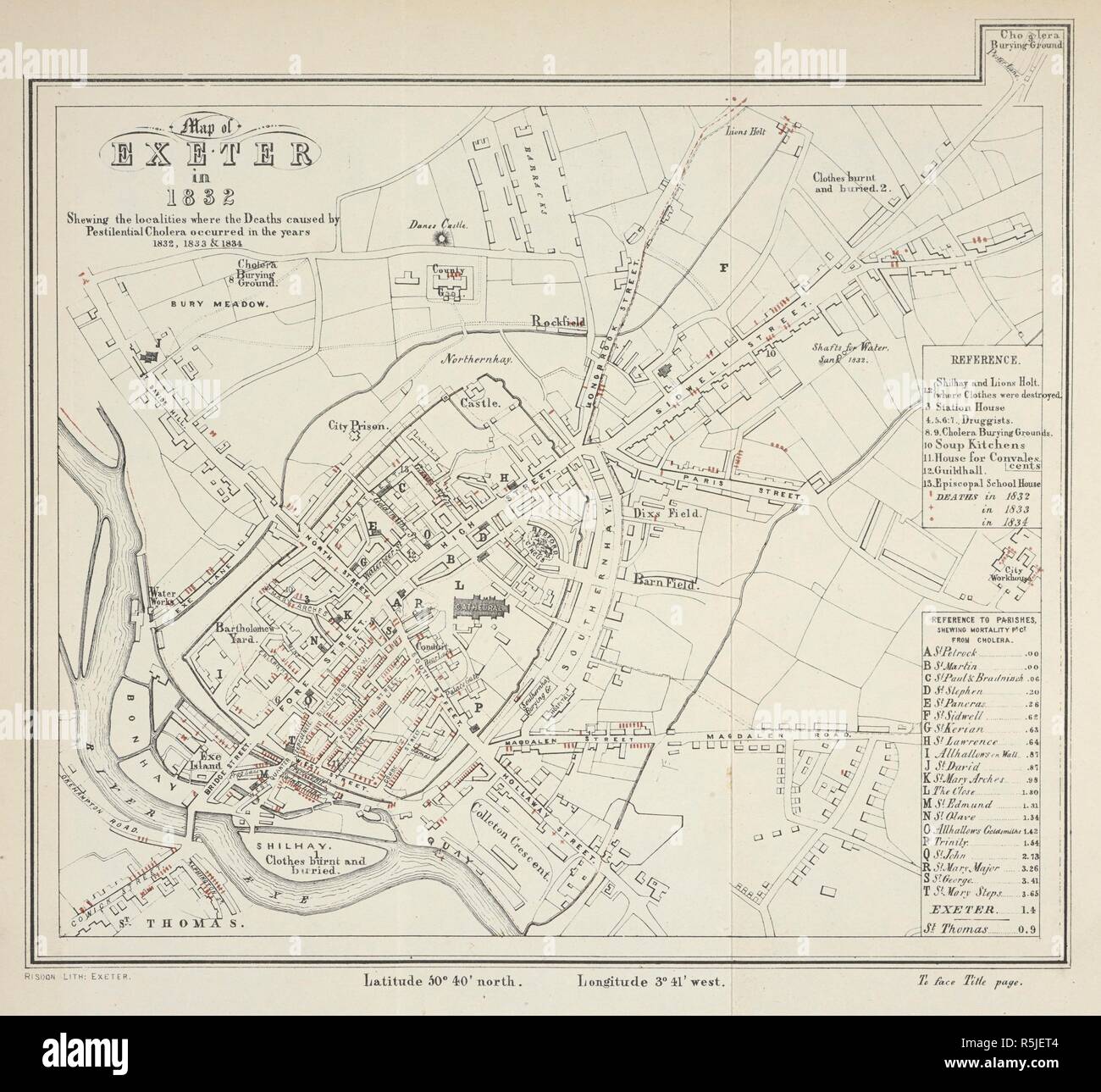 The map of Exeter in 1832, shewing the localalities where the deaths caused by perstilential cholera occurred in the yeras 1832, 1833 & 1834. The History of the Cholera in Exeter in 1832. London : J. Churchill, 1849. Source: 7650.d.59 map. Author: Shapter, Thomas. Stock Photo