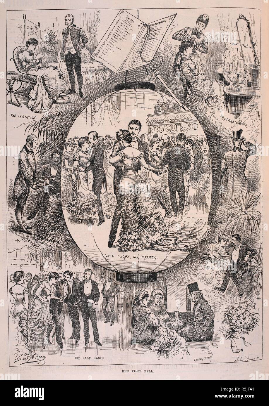 'Her first ball'. A young woman dancing at an evening ball. The ...