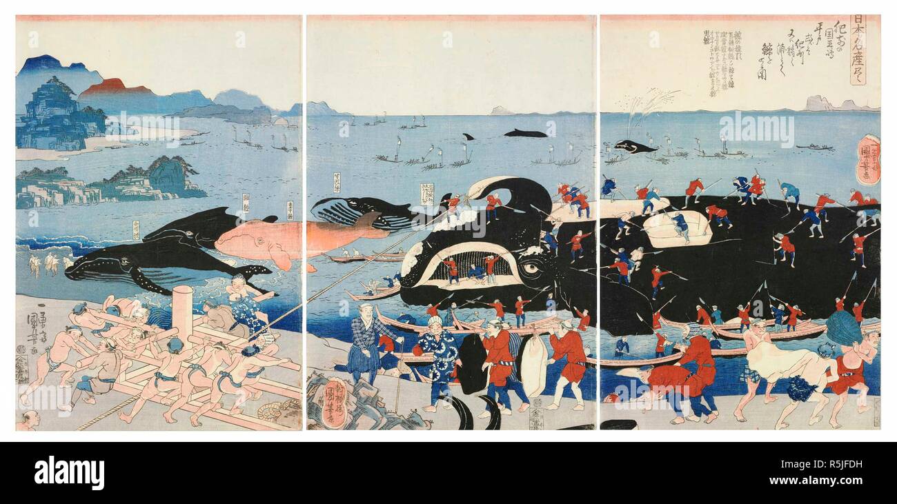 Catching Whales at Goto and Hirado in Hizen Province or Kishu Province, from the series Nihon meisan tsukushi. Museum: PRIVATE COLLECTION. Author: KUNIYOSHI, UTAGAWA. Stock Photo
