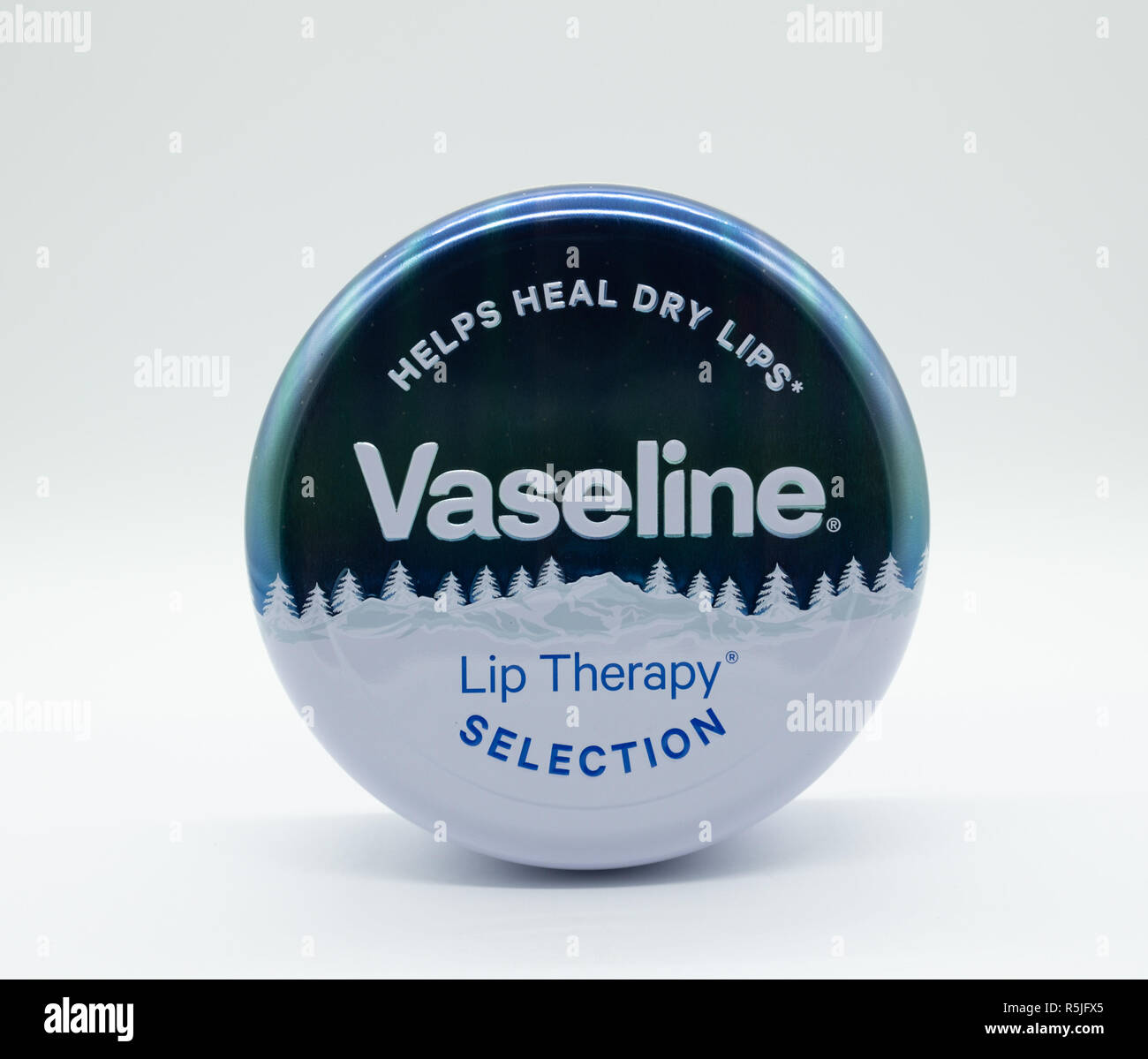 Largs, Scotland, UK - November 29, 2018: Christmas Themed Tin of Vaseline in container that is only recyclable by a few UK Local Authorities Stock Photo