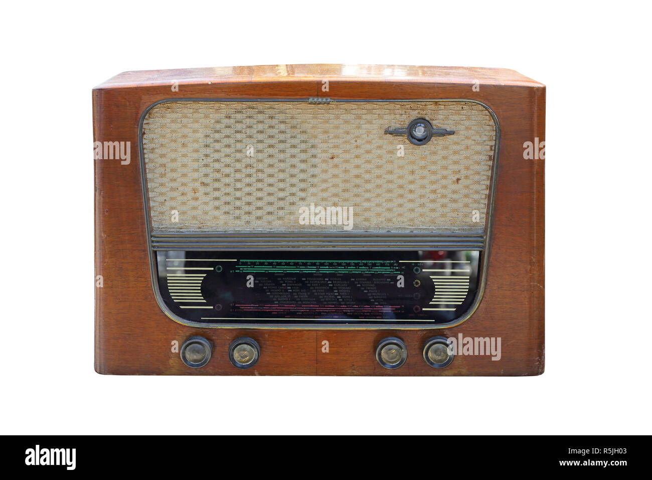 Old retro radio vintage. Old wooden retro style radio receiver vintage Radio,  Speaker, Old, isolated white background Stock Photo