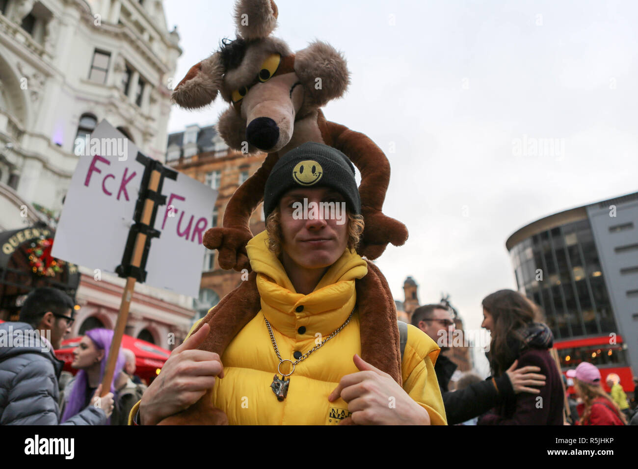 London, UK,1st December 2018. Anti fur march through central London streets to for animals abused, tortured and murdered for their fur. Penelope Barritt/Alamy Live News Stock Photo