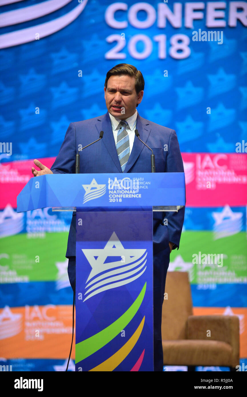 Hollywood, Florida,  USA. 30th November 2018. Florida Governor elect Ron DeSantis attends and speak at the 5th Israeli-American Council National Conference at the Westin Diplomat Resort Hollywood on November 30, 2018 in Hollywood, Florida. Credit: Mpi10/Media Punch/Alamy Live News Stock Photo
