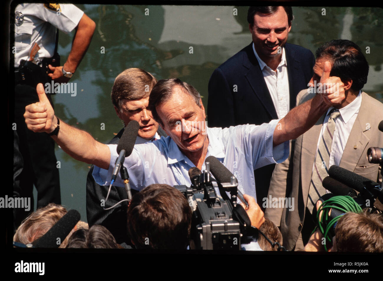 FILE: Candidate George H.W. Bush campaigns on the San Antonio Riverwalk in August, 1988. Former President George H.W. Bush passed away, Nov. 30, 2018 in Houston, TX. Stock Photo