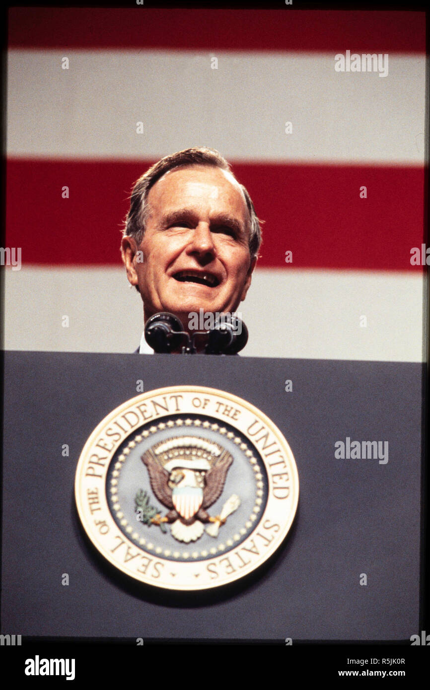 FILE: President George H.W. Bush campaigns for re-election in the summer of 1992 in Dallas. The former president passed away Nov. 30, 2018 in Houston, TX. Stock Photo