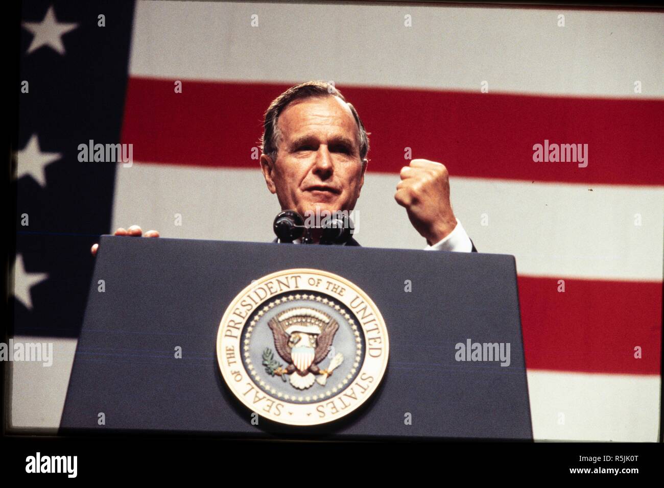 FILE: President George H.W. Bush campaigns for re-election in the summer of 1992 in Dallas. The former president passed away Nov. 30, 2018 in Houston, TX. Stock Photo